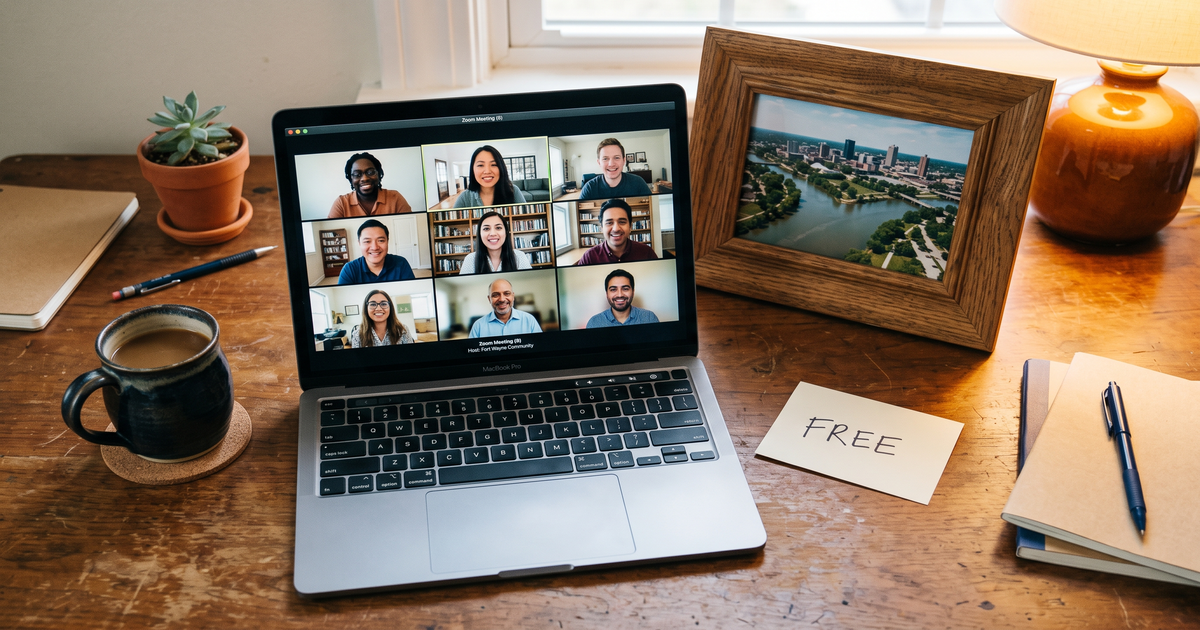 Laptop showing a Zoom recovery meeting with a framed photo of Fort Wayne Indiana rivers, free AA and NA meetings in Fort Wayne