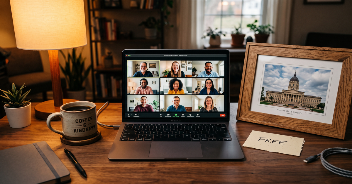 Laptop showing a Zoom recovery meeting with a framed photo of Kansas State Capitol Topeka, free AA and NA meetings in Topeka