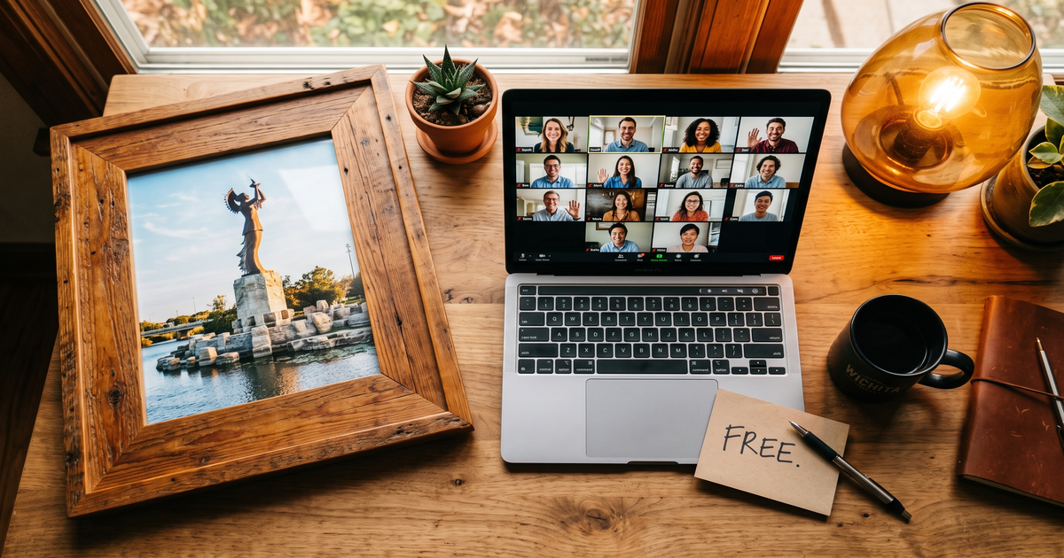 Laptop showing a Zoom recovery meeting with a framed photo of Wichita Kansas Keeper of the Plains, free AA and NA meetings in Wichita