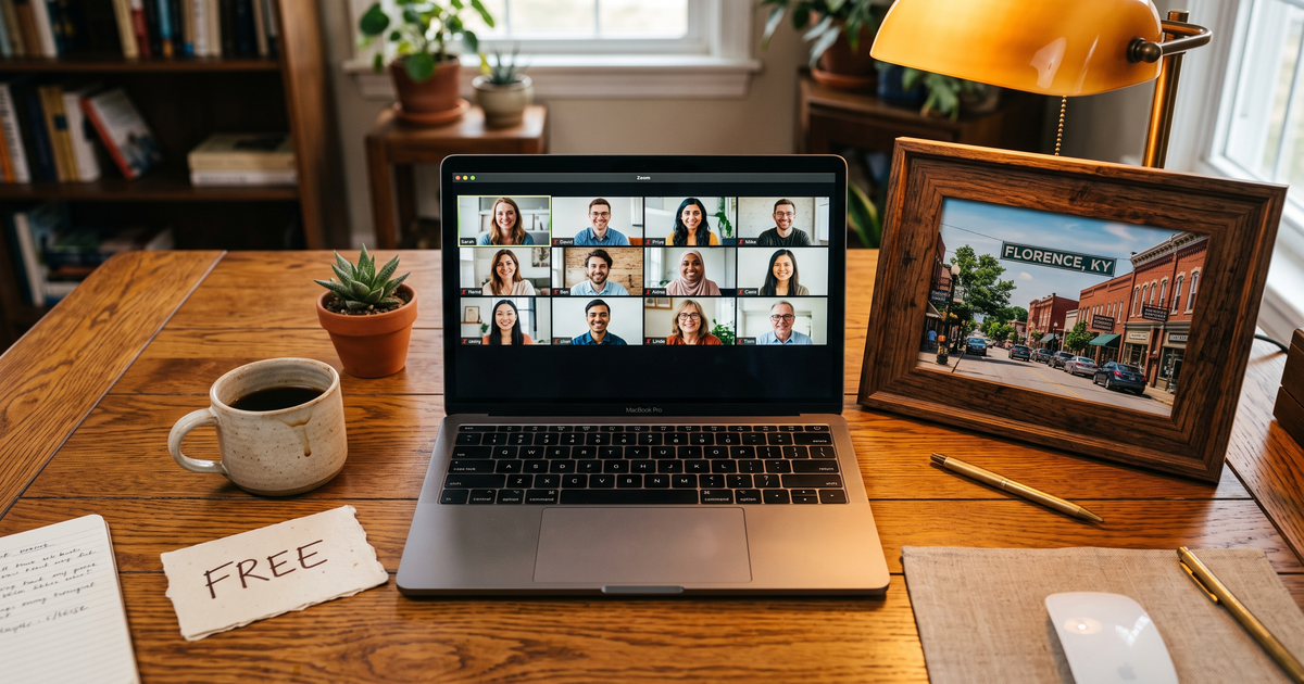 Laptop showing a Zoom recovery meeting with a framed photo of Florence Kentucky downtown, free AA and NA meetings in Florence Kentucky