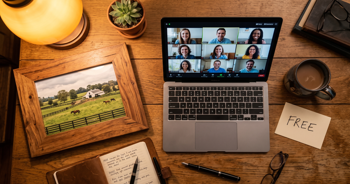 Laptop showing a Zoom recovery meeting with a framed photo of Lexington Kentucky horse farm, free AA and NA meetings in Lexington