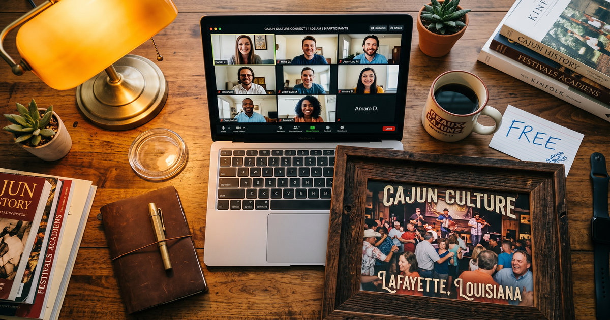 Laptop showing a Zoom recovery meeting with a framed photo of Lafayette Louisiana Cajun culture, free AA and NA meetings in Lafayette