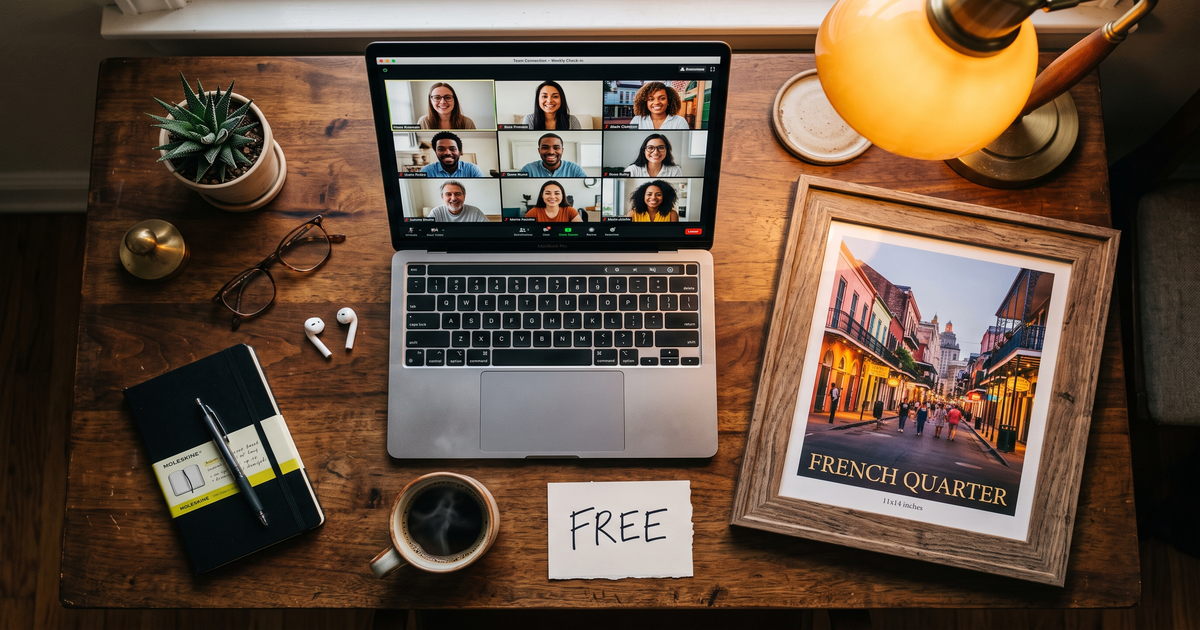 Laptop showing a Zoom recovery meeting with a framed photo of New Orleans French Quarter, free AA and NA meetings in New Orleans