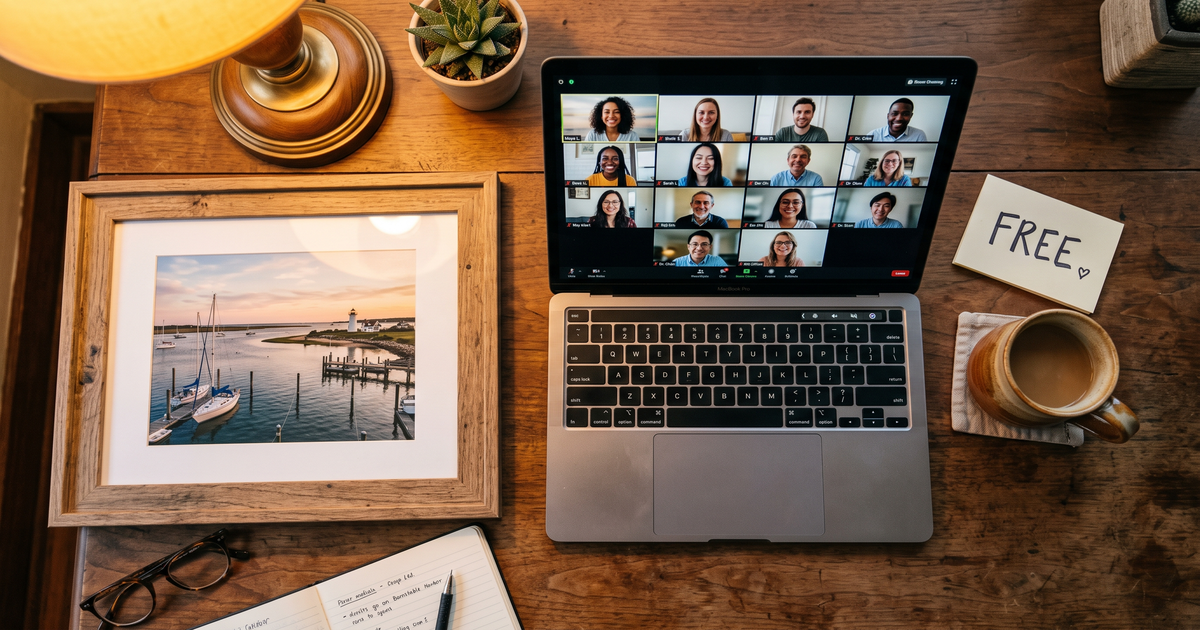 Laptop showing a Zoom recovery meeting with a framed photo of Cape Cod Barnstable harbor, free AA and NA meetings in Barnstable