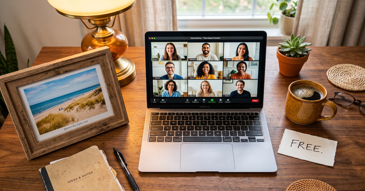 Laptop showing a Zoom recovery meeting with a framed photo of Brewster Cape Cod beach, free AA and NA meetings in Brewster