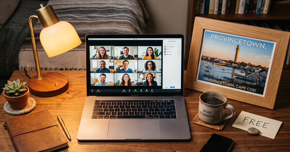 Laptop showing a Zoom recovery meeting with a framed photo of Provincetown Cape Cod, free AA and NA meetings in Provincetown