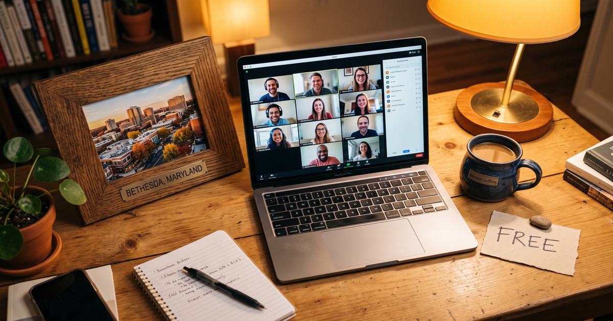 Laptop showing a Zoom recovery meeting with a framed photo of Bethesda Maryland, free AA and NA meetings in Bethesda