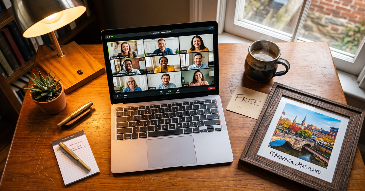 Laptop showing a Zoom recovery meeting with a framed photo of Frederick Maryland historic district, free AA and NA meetings in Frederick