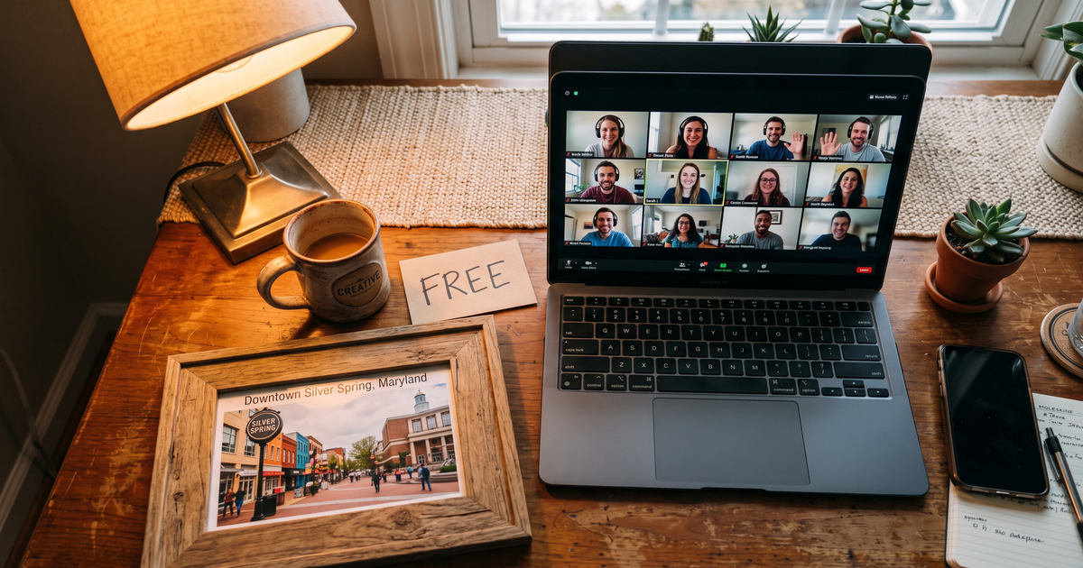 Laptop showing a Zoom recovery meeting with a framed photo of Silver Spring Maryland downtown, free AA and NA meetings in Silver Spring