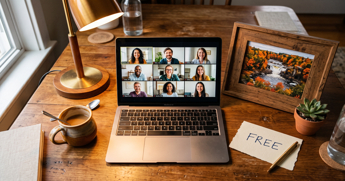 Laptop showing a Zoom recovery meeting with a framed photo of Auburn Maine falls, free AA and NA meetings in Auburn