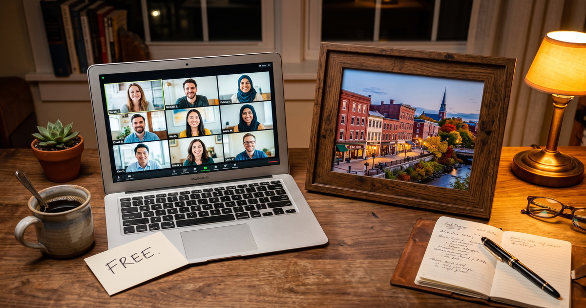 Laptop showing a Zoom recovery meeting with a framed photo of Bangor Maine downtown, free AA and NA meetings in Bangor