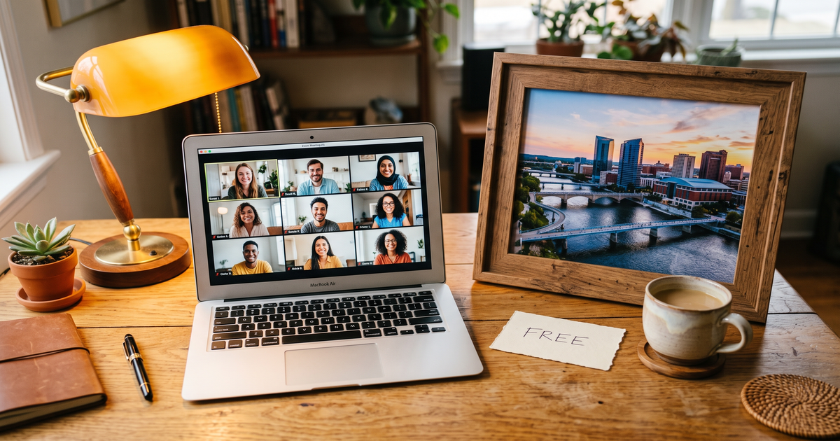Laptop showing a Zoom recovery meeting with a framed photo of Grand Rapids Michigan river, free AA and NA meetings in Grand Rapids