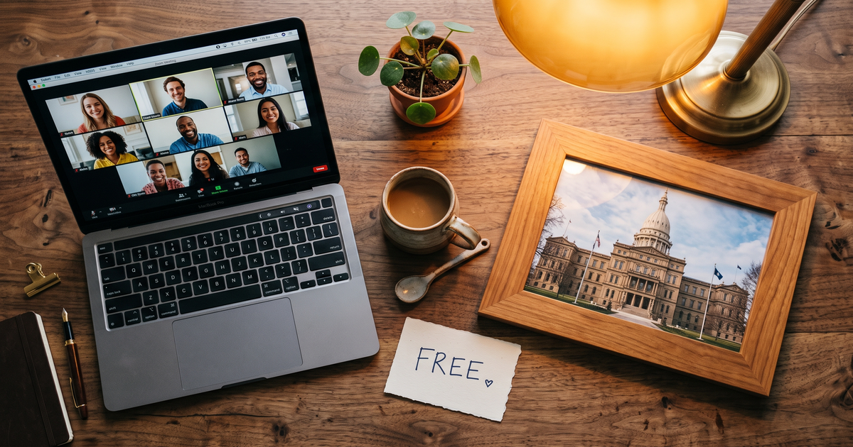 Laptop showing a Zoom recovery meeting with a framed photo of Michigan State Capitol Lansing, free AA and NA meetings in Lansing
