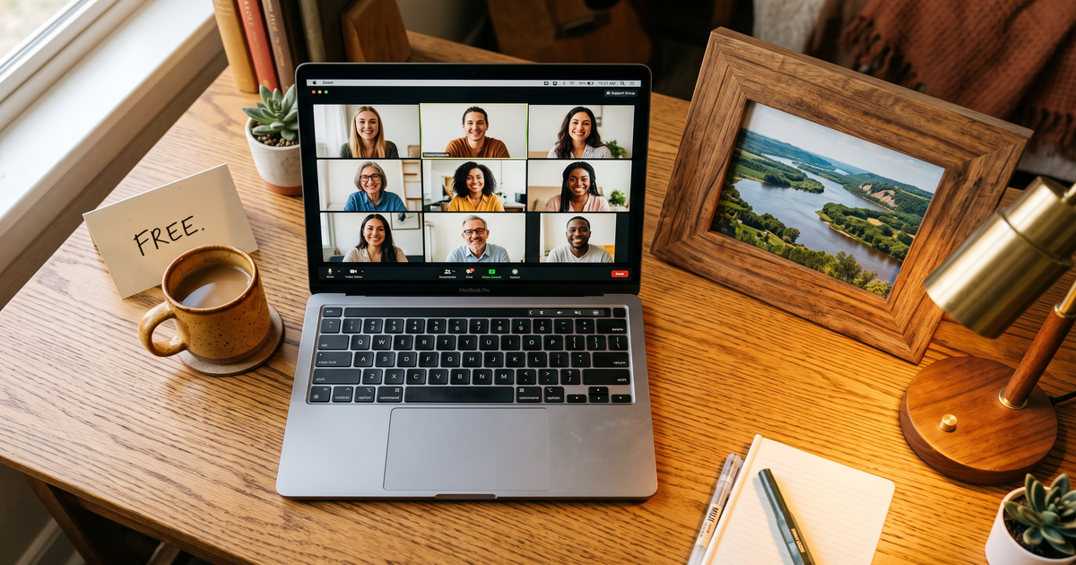 Laptop showing a Zoom recovery meeting with a framed photo of Mississippi River Minnesota, free AA and NA meetings in Fridley