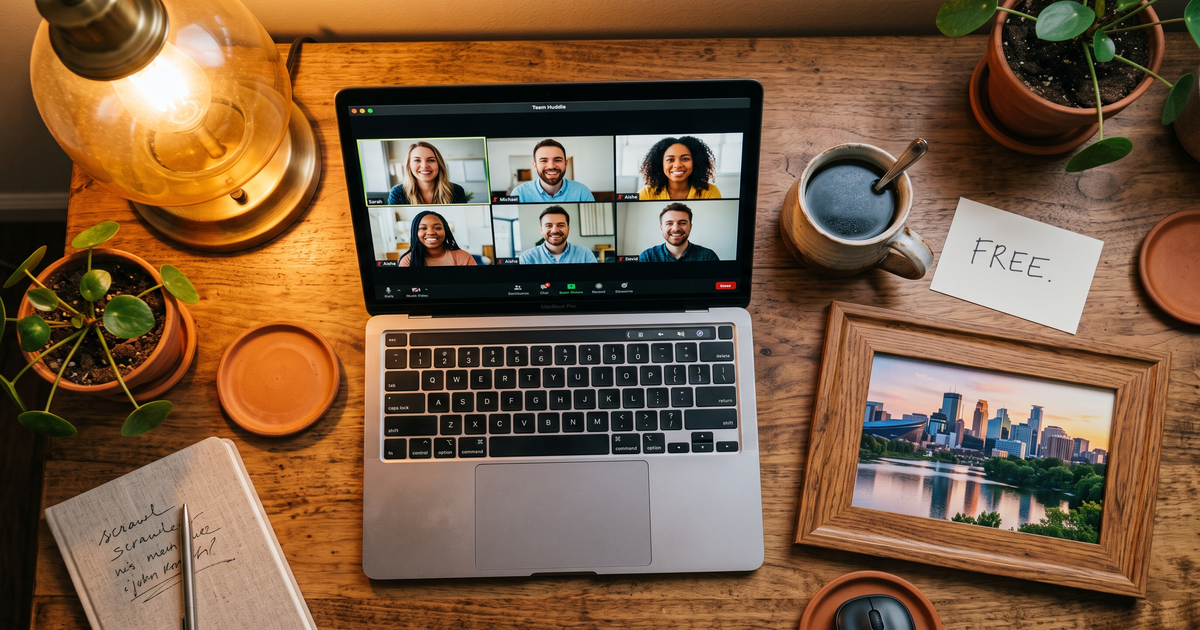 Laptop showing a Zoom recovery meeting with a framed photo of Minneapolis skyline and lakes, free AA and NA meetings in Minneapolis