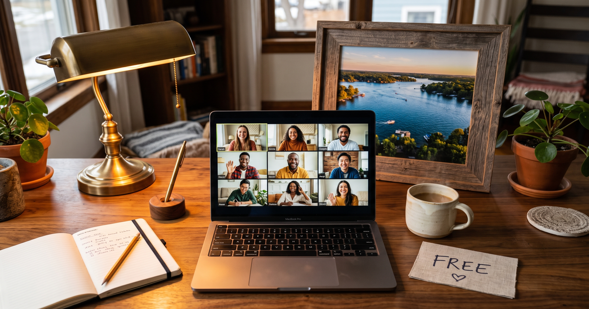 Laptop showing a Zoom recovery meeting with a framed photo of Lake Minnetonka, free AA and NA meetings in Minnetonka