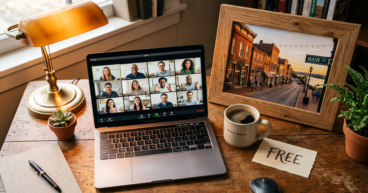 Laptop showing a Zoom recovery meeting with a framed photo of St Charles Missouri Main Street, free AA and NA meetings in St Charles
