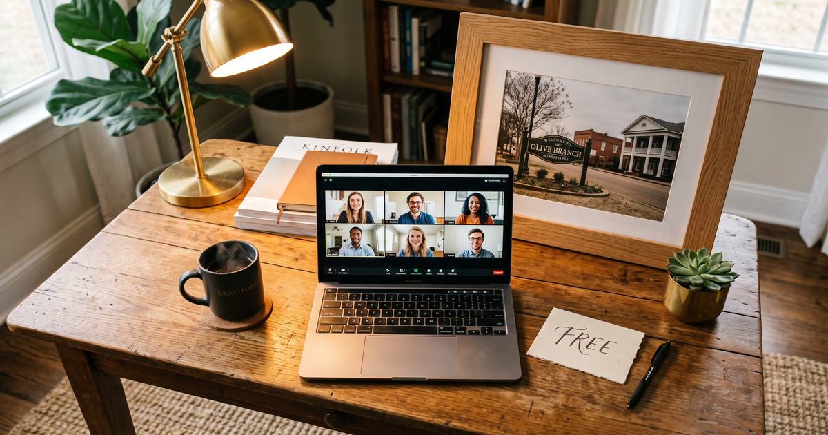 Laptop showing a Zoom recovery meeting with a framed photo of Olive Branch Mississippi, free AA and NA meetings in Olive Branch