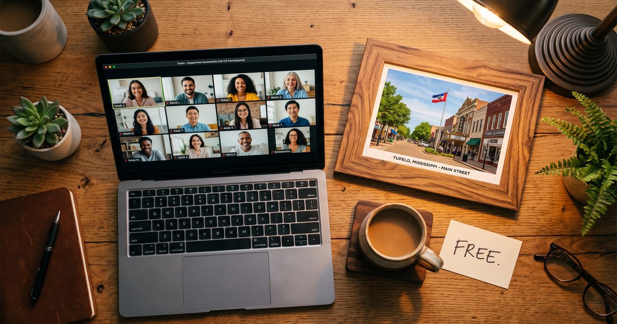 Laptop showing a Zoom recovery meeting with a framed photo of Tupelo Mississippi downtown, free AA and NA meetings in Tupelo