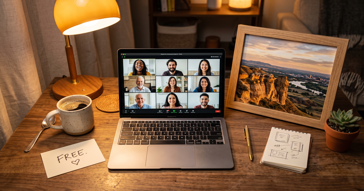 Laptop showing a Zoom recovery meeting with a framed photo of Billings Montana rimrocks, free AA and NA meetings in Billings
