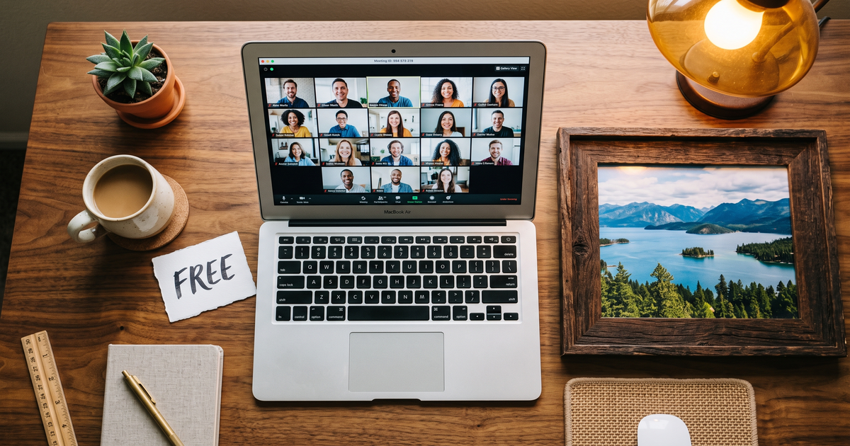 Laptop showing a Zoom recovery meeting with a framed photo of Kalispell Montana Flathead Lake, free AA and NA meetings in Kalispell