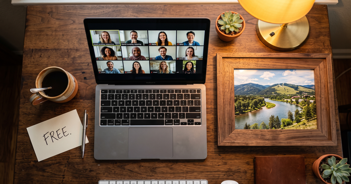 Laptop showing a Zoom recovery meeting with a framed photo of Missoula Montana Clark Fork River, free AA and NA meetings in Missoula