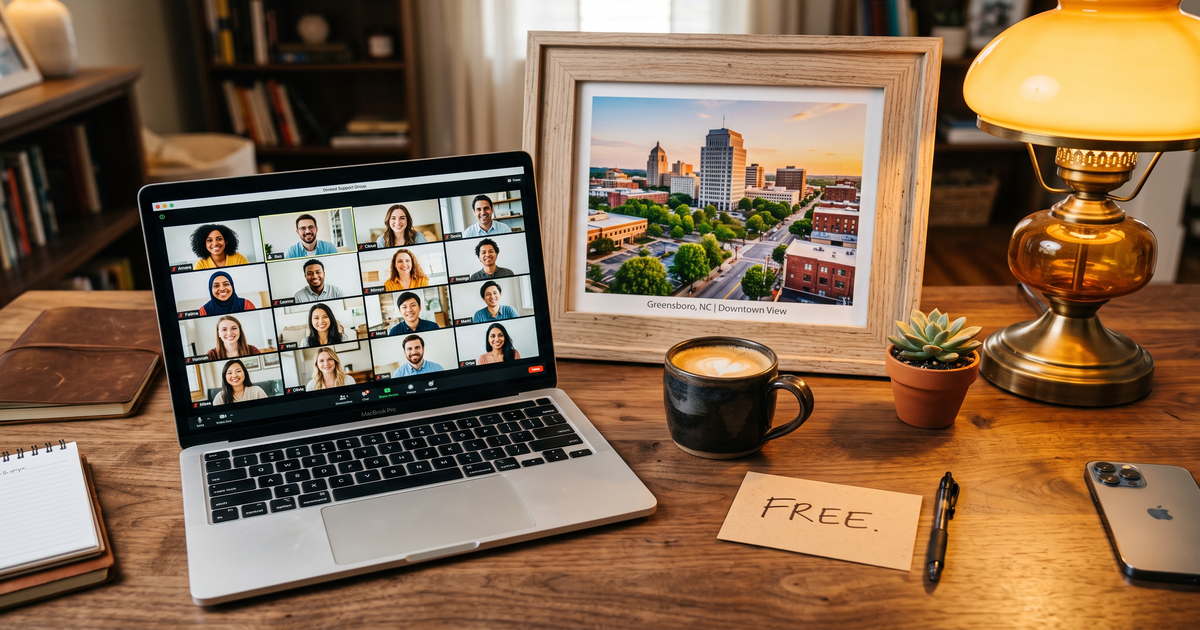Laptop showing a Zoom recovery meeting with a framed photo of Greensboro North Carolina downtown, free AA and NA meetings in Greensboro