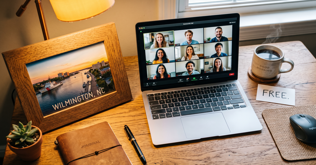 Laptop showing a Zoom recovery meeting with a framed photo of Wilmington NC riverfront, free AA and NA meetings in Wilmington North Carolina