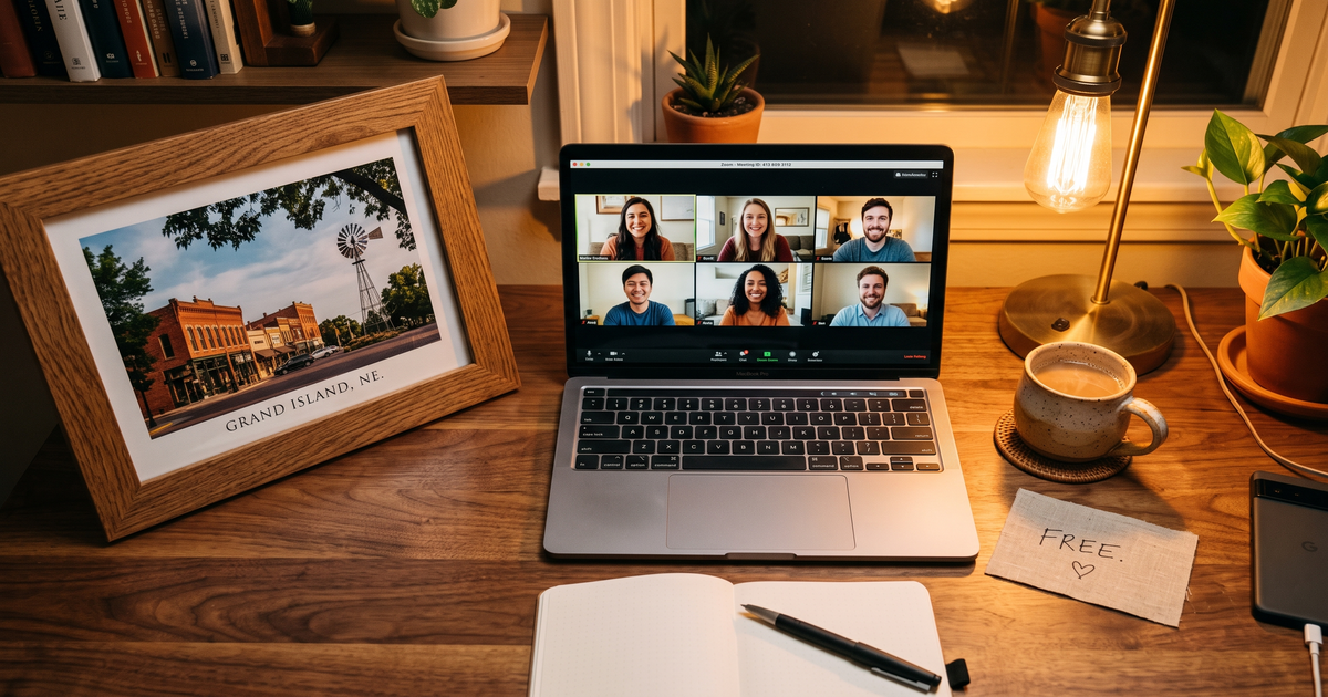 Laptop showing a Zoom recovery meeting with a framed photo of Grand Island Nebraska, free AA and NA meetings in Grand Island