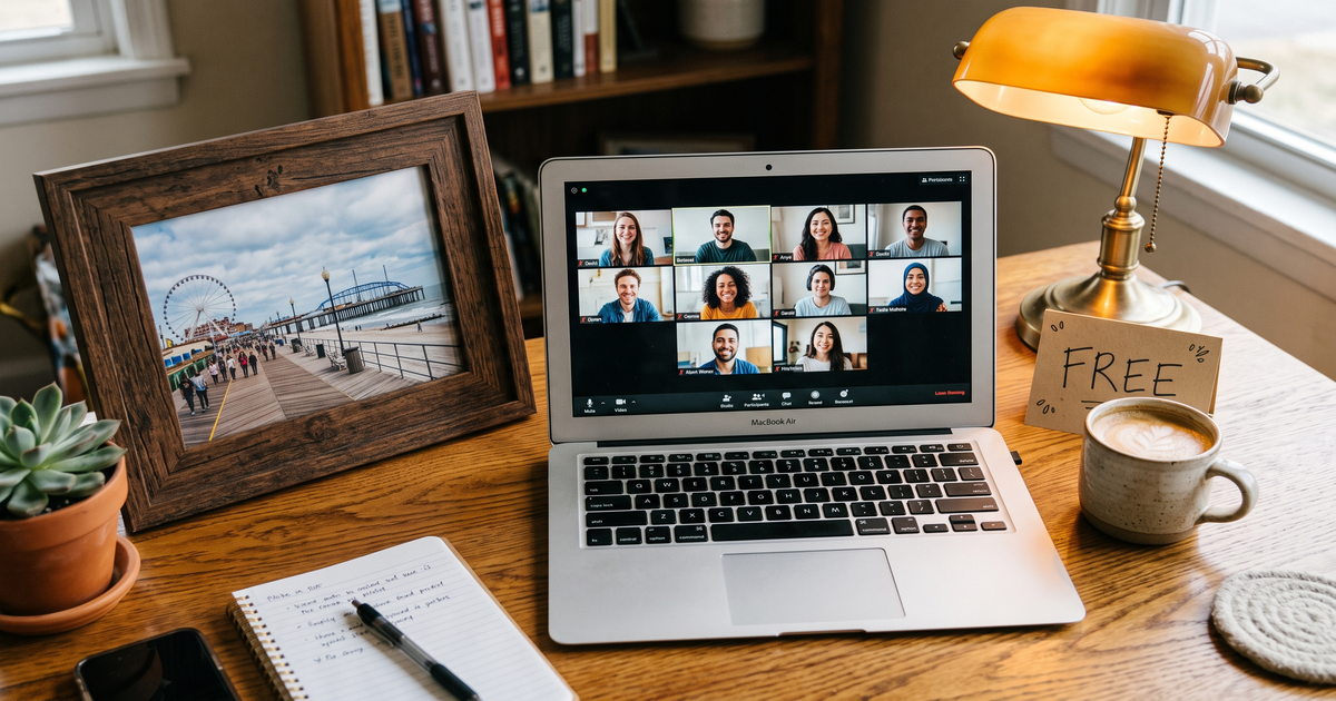 Laptop showing a Zoom recovery meeting with a framed photo of Atlantic City boardwalk, free AA and NA meetings in Atlantic City