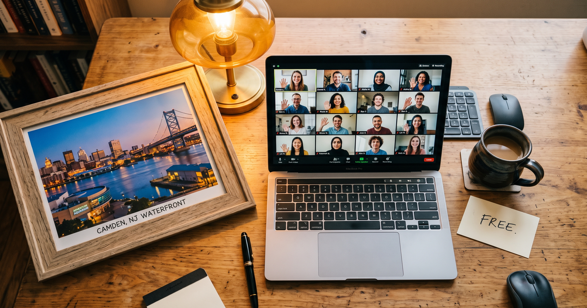 Laptop showing a Zoom recovery meeting with a framed photo of Camden New Jersey waterfront, free AA and NA meetings in Camden
