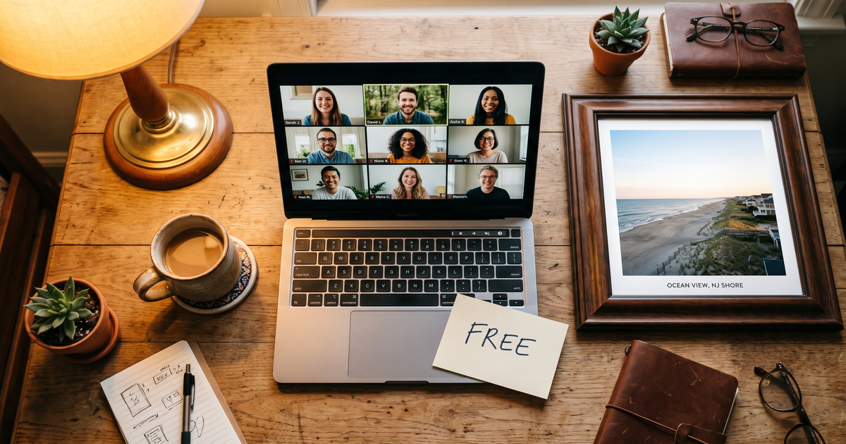 Laptop showing a Zoom recovery meeting with a framed photo of Ocean View New Jersey shore, free AA and NA meetings in Ocean View