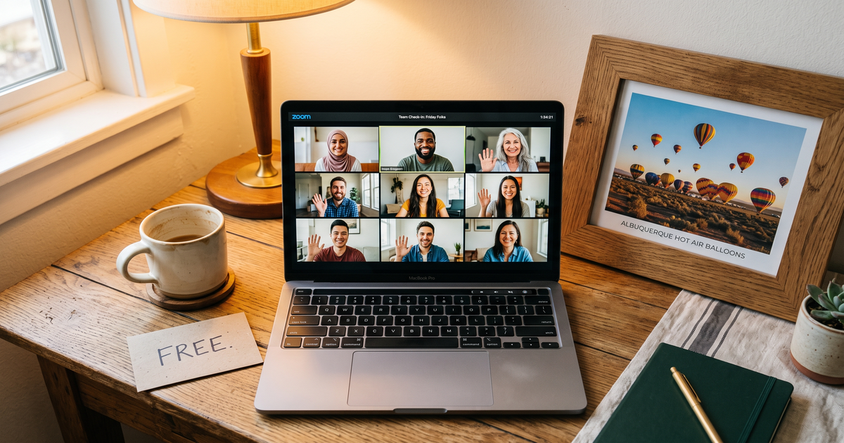 Laptop showing a Zoom recovery meeting with a framed photo of Albuquerque hot air balloons, free AA and NA meetings in Albuquerque