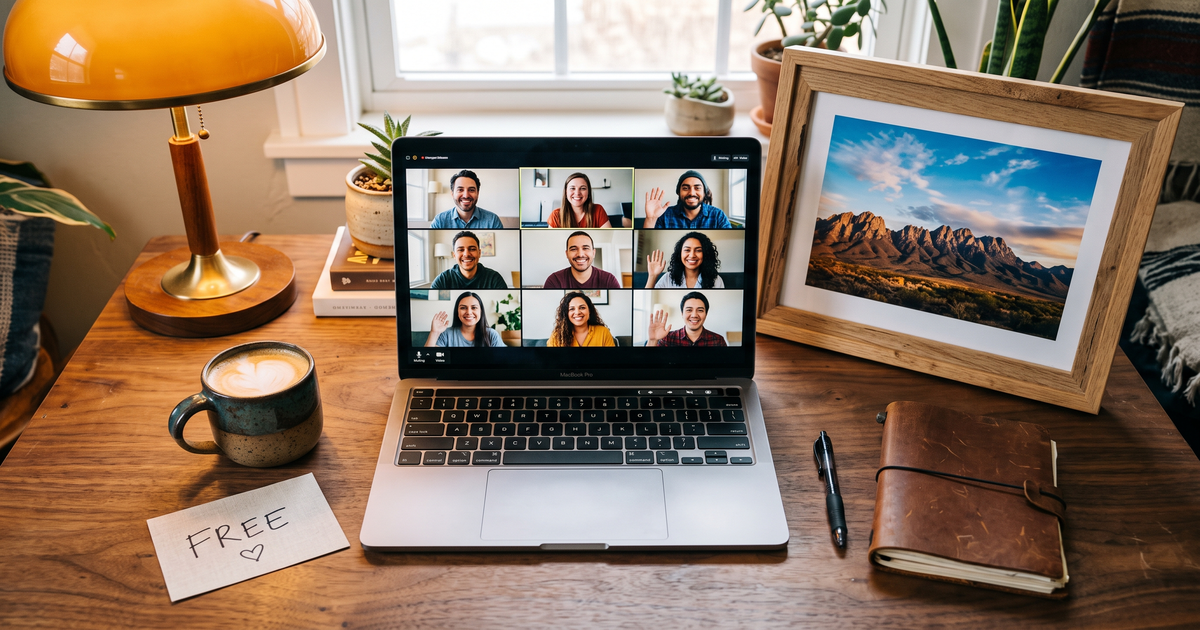 Laptop showing a Zoom recovery meeting with a framed photo of Organ Mountains New Mexico, free AA and NA meetings in Las Cruces