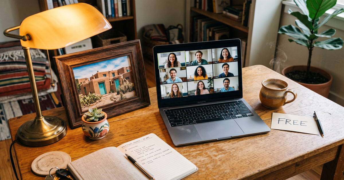 Laptop showing a Zoom recovery meeting with a framed photo of Santa Fe adobe architecture, free AA and NA meetings in Santa Fe