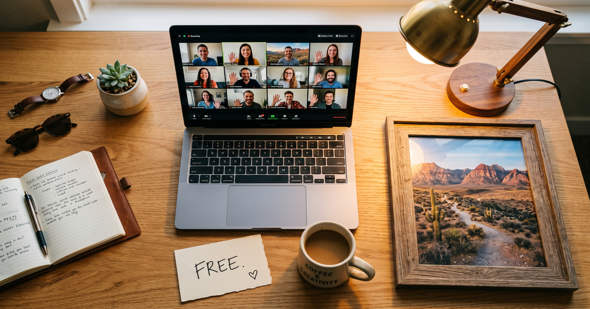 Laptop showing a Zoom recovery meeting with a framed photo of Henderson Nevada desert, free AA and NA meetings in Henderson