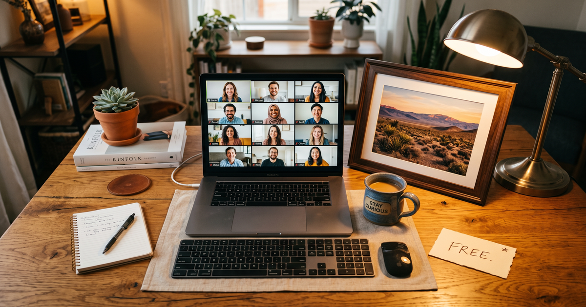 Laptop showing a Zoom recovery meeting with a framed photo of Pahrump Nevada valley, free AA and NA meetings in Pahrump