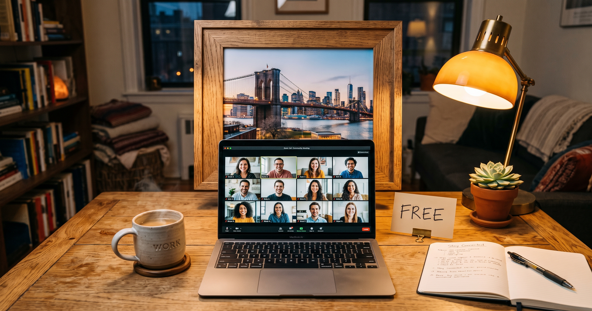 Laptop showing a Zoom recovery meeting with a framed photo of Brooklyn Bridge, free AA and NA meetings in Brooklyn