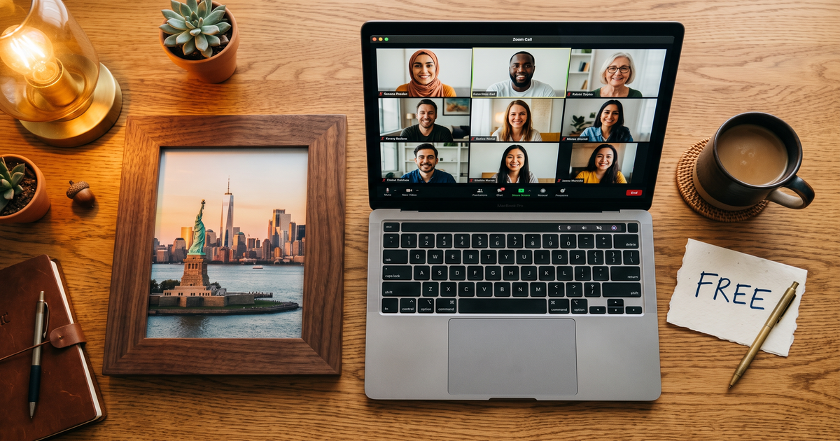 Laptop showing a Zoom recovery meeting with a framed photo of Statue of Liberty and Manhattan skyline, free AA and NA meetings in New York
