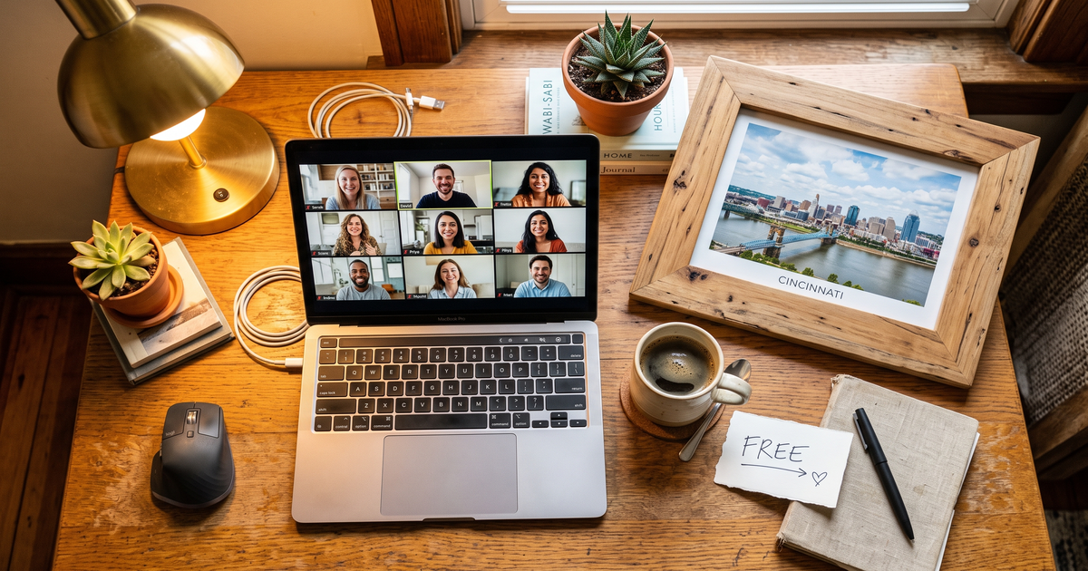 Laptop showing a Zoom recovery meeting with a framed photo of Cincinnati skyline Ohio River, free AA and NA meetings in Cincinnati