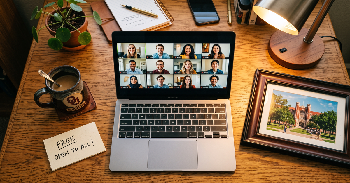 Laptop showing a Zoom recovery meeting with a framed photo of University of Oklahoma campus, free AA and NA meetings in Norman
