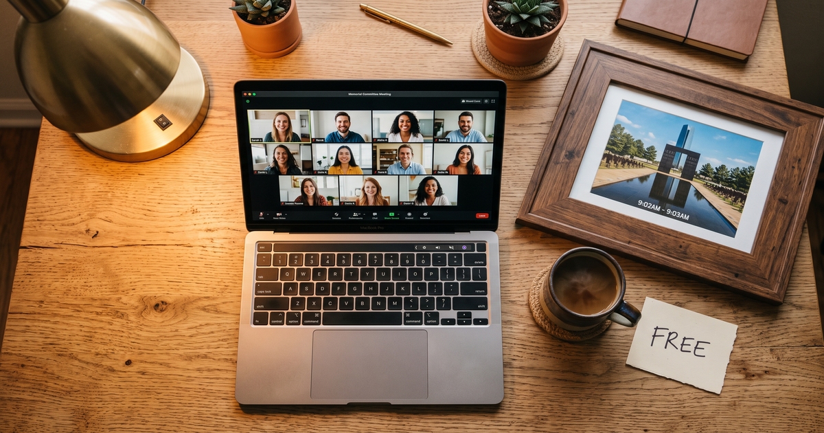 Laptop showing a Zoom recovery meeting with a framed photo of Oklahoma City National Memorial, free AA and NA meetings in Oklahoma City