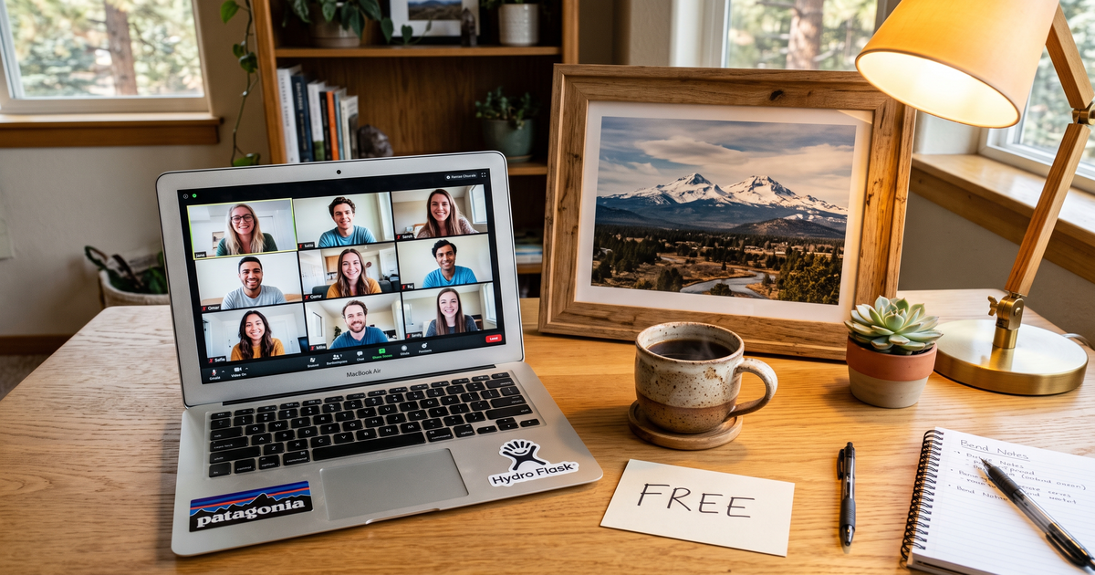 Laptop showing a Zoom recovery meeting with a framed photo of Bend Oregon mountain view, free AA and NA meetings in Bend