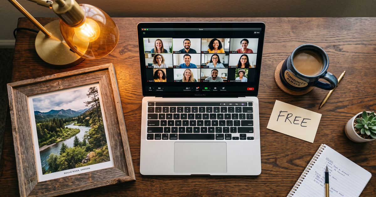 Laptop showing a Zoom recovery meeting with a framed photo of Rogue River Oregon, free AA and NA meetings in Grants Pass