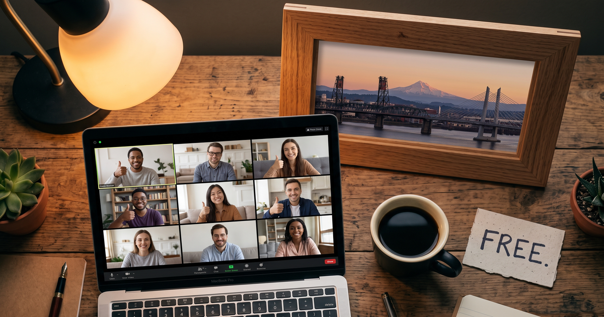 Laptop showing a Zoom recovery meeting with a framed photo of Portland Oregon bridges and Mount Hood, free AA and NA meetings in Portland Oregon