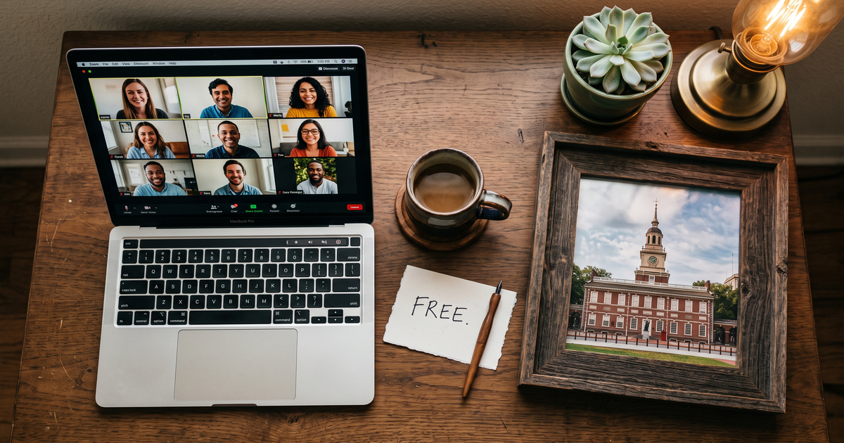 Laptop showing a Zoom recovery meeting with a framed photo of Philadelphia Independence Hall, free AA and NA meetings in Philadelphia
