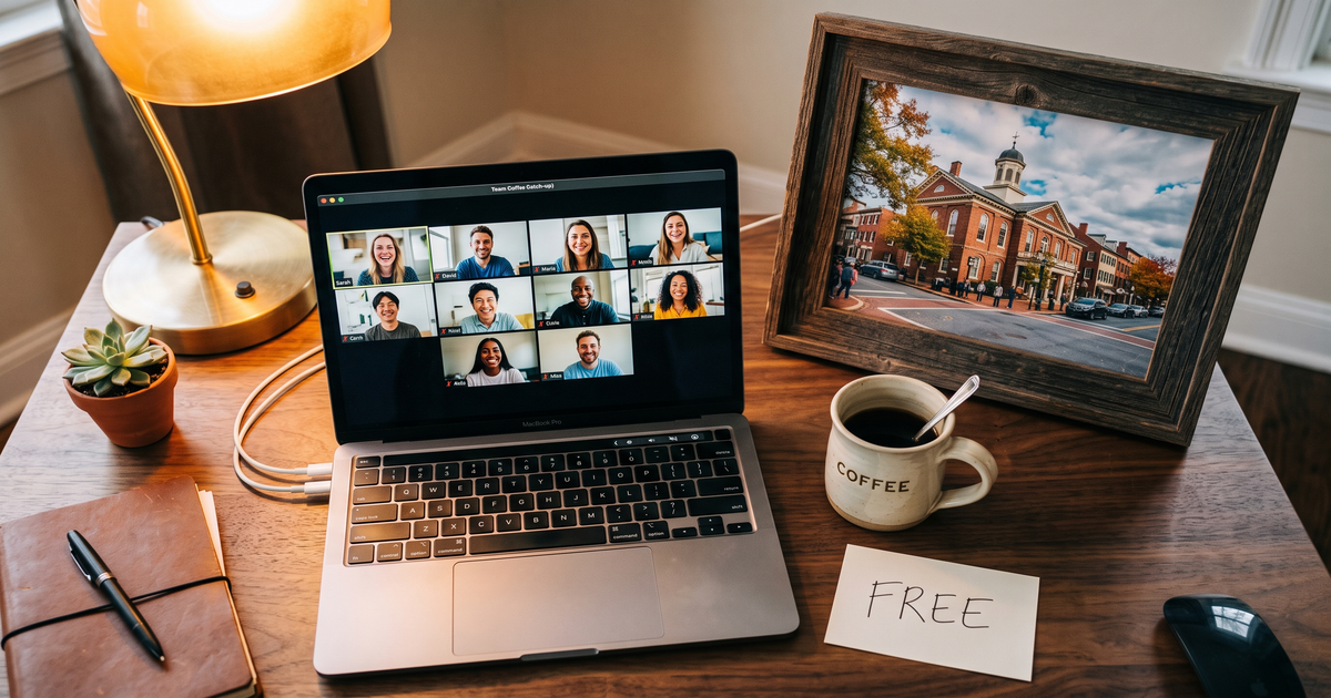 Laptop showing a Zoom recovery meeting with a framed photo of West Chester Pennsylvania downtown, free AA and NA meetings in West Chester