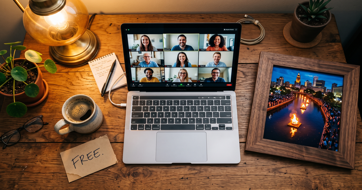 Laptop showing a Zoom recovery meeting with a framed photo of Providence Rhode Island WaterFire, free AA and NA meetings in Providence