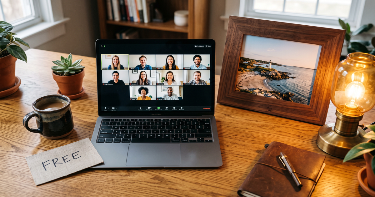 Laptop showing a Zoom recovery meeting with a framed photo of Warwick Rhode Island coast, free AA and NA meetings in Warwick