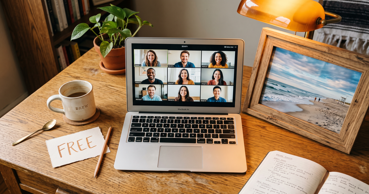 Laptop showing a Zoom recovery meeting with a framed photo of Westerly Rhode Island beach, free AA and NA meetings in Westerly